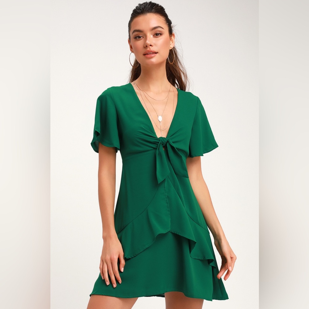 Lulu's Emerald Green Tie-Front Ruffle Mini Dress